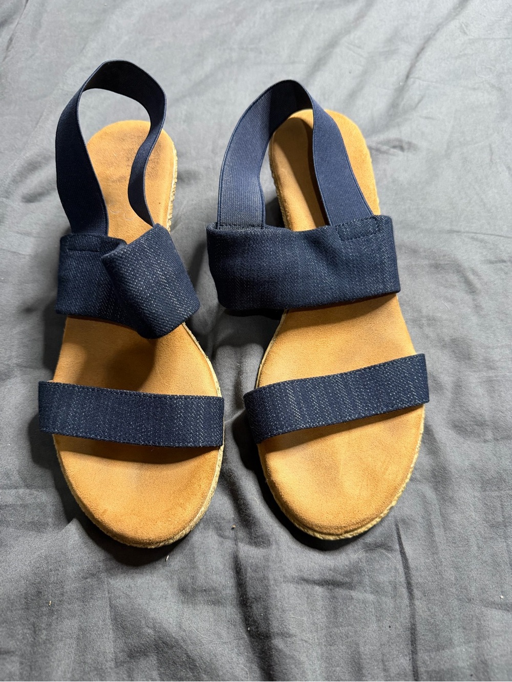 Franco Sarto Navy Elastic Strap Slingback Sandals with Tan Footbed